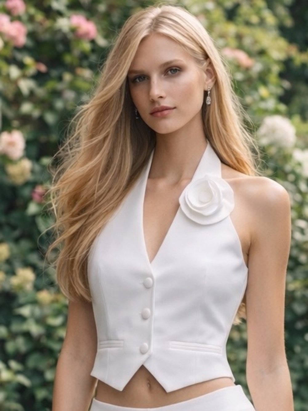 Mango White Halter Vest with Floral Detail